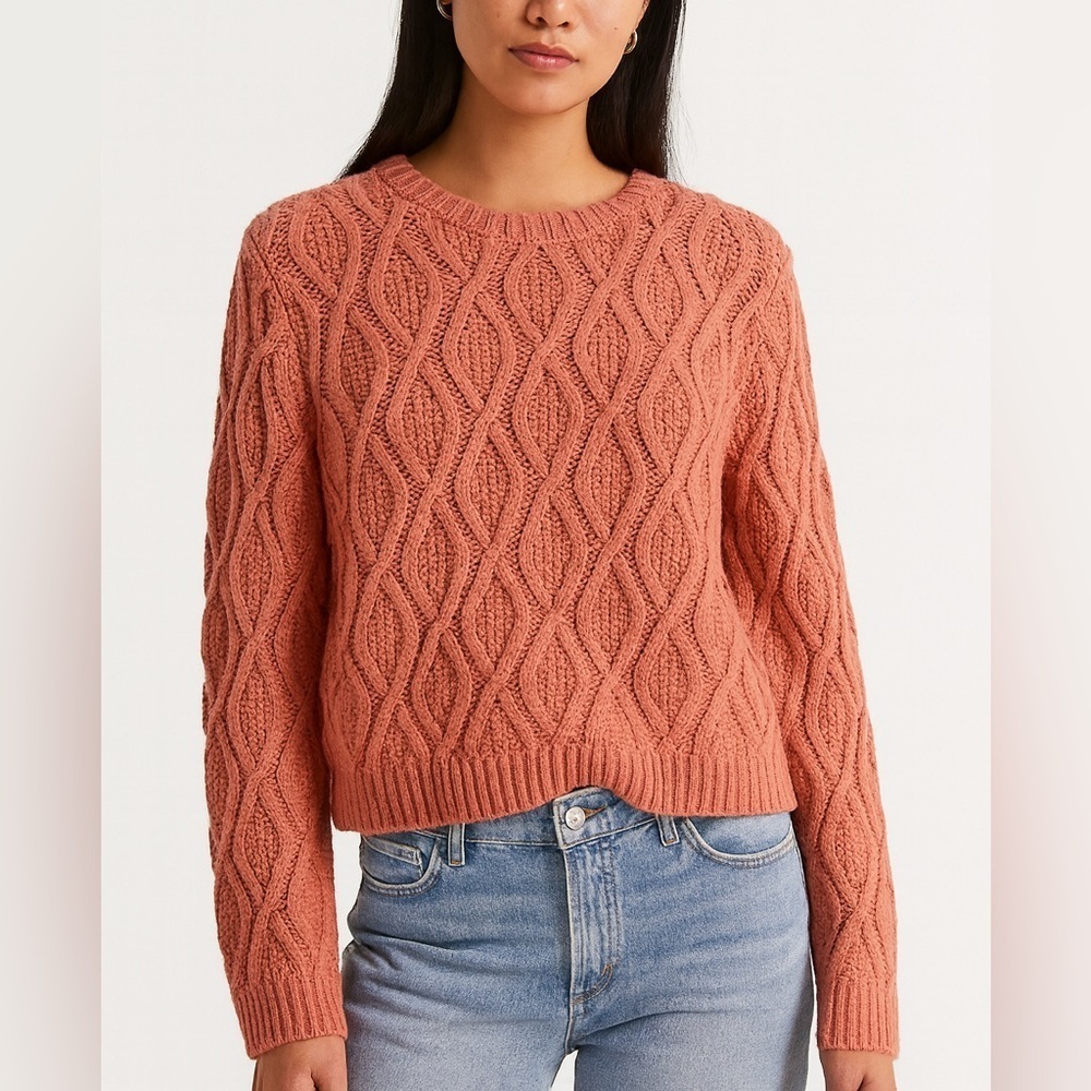 Kaisely Cable Knit Wool Blend Crewneck Salmon Pink Color Cozy Sweater Size Large